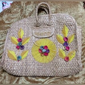 Handcrafted Vintage Woven Tote Bag with Floral Accents
